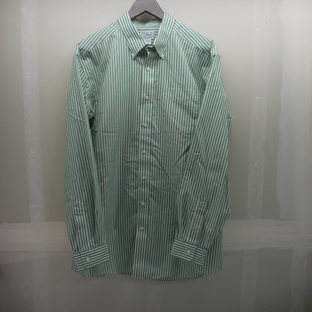 LL Bean Mens L Tall Green White Striped Button Down Shirt Cotton 0 FWV6
